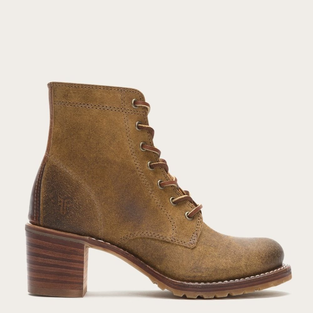 Frye Sabrina 6G Tan Suede/Leather Lace Up Wood Heeled Combat Moto Ankle Booties - Picture 2 of 16